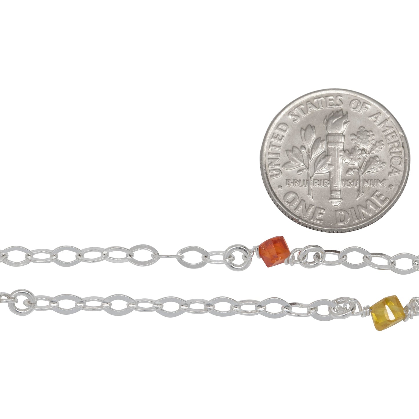 Sterling Silver Thirteen of 2.8mm Width by 3.9mm Length Flat Diamond Shaped Links Wire Wrapped to Orange and Yellow CZ Beads With 3.2mm Width / Length Smooth Open Ring, Gem Stone Chain. Price per: 1 Inch.