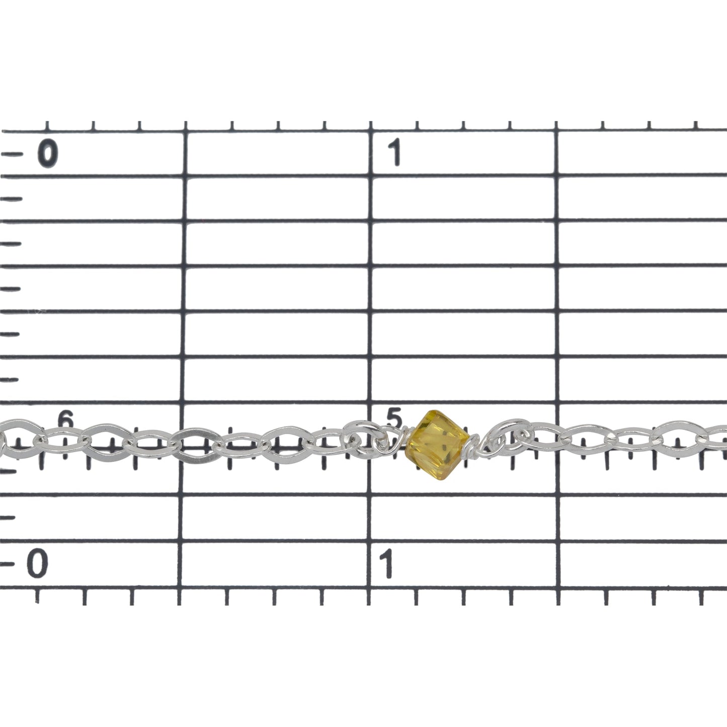 Sterling Silver Thirteen of 2.8mm Width by 3.9mm Length Flat Diamond Shaped Links Wire Wrapped to Orange and Yellow CZ Beads With 3.2mm Width / Length Smooth Open Ring, Gem Stone Chain. Price per: 1 Inch.