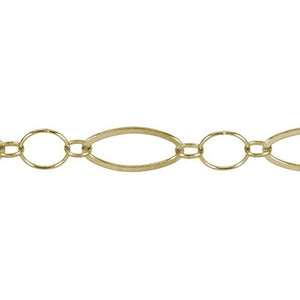 14kt Gold Filled 9.8mm Width by 20.4mm Length Flat Elongated Oval Link and 10.2mm Width/Length Smooth Circle Link, Connected By 4.0mm Width by 5.3mm Length Rolo Link, Fancy Chain. Price per: 1 Foot.