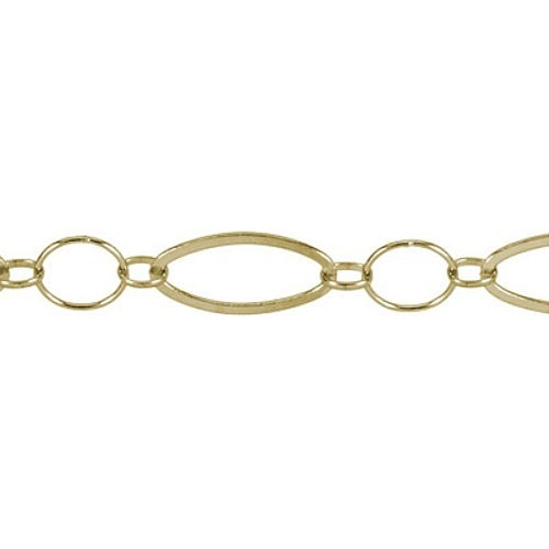 14kt Gold Filled 9.8mm Width by 20.4mm Length Flat Elongated Oval Link and 10.2mm Width/Length Smooth Circle Link, Connected By 4.0mm Width by 5.3mm Length Rolo Link, Fancy Chain. Price per: 1 Foot.