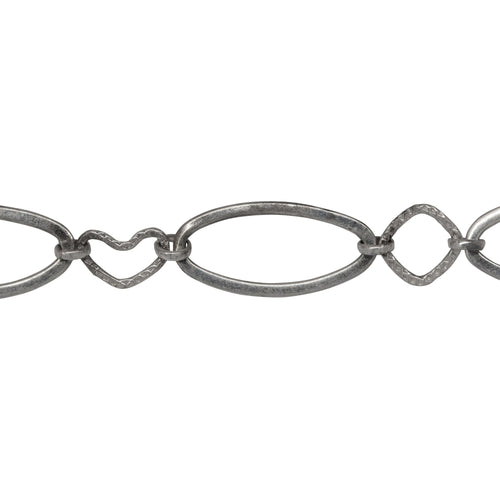 Chain by Foot. Sterling Silver 10.0mm Width by 20.0mm Length Flat Elongated Oval Link Followed By 7.0mm Width by 8.3mm Length Textured Heart Link And 8.1mm Width / Length Textured Diamond Link, Connected By Rolo Link, Fancy Chain. Price per: 1 Foot.