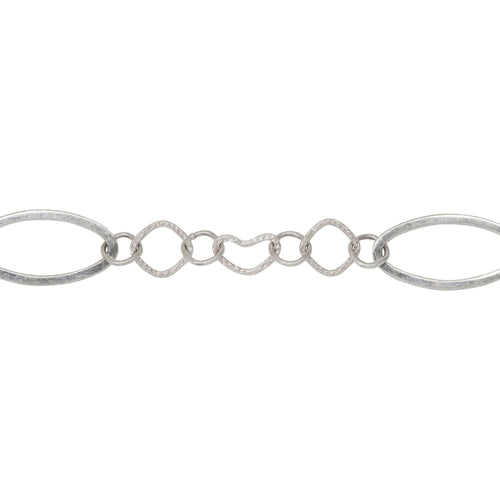 Chain by Foot. Sterling Silver 10.4mm Width by 20.4mm Length Flat Elongated Oval, Two of 8.1mm Width/Length Textured Diamond Shaped, 6.8mm Width by 9.7mm Length Textured Heart Link, Connected by Diamond Shaped Link, Fancy Chain. Price per: 1 Foot.