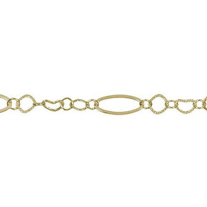 14kt Gold Filled 10.4mm Width by 20.4mm Length Flat Elongated Oval, 2 of 8.1mm Width/Length Textured Diamond Shaped, 6.8mm Width by 9.7mm Length Textured Heart Link, Connected By 5.8mm Width/Length Diamond Shaped Link, Fancy Chain. Price per: 1 Foot.