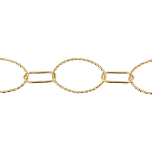 14kt Gold Filled 17.5mm Width by 27.0mm Length Twisted Oval Link Followed by 7.3mm Width by 17.5mm Length Smooth Elongated Oval Link, Long and Short Chain. Price per: 1 Foot.