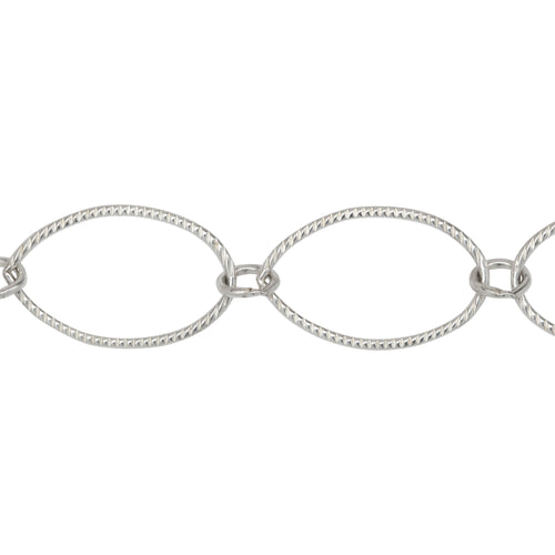 Chain by Foot. Sterling Silver 12.9mm Width by 20.9mm Length Corrugated Oval Link Followed by 5.5mm Width / Length Smooth Close Ring, Long and Short Chain. Price per: 1 Foot.