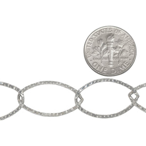 Sterling Silver 13.0mm Width by 21.0mm Length, Hammered Flat Oval Cable Chain. Price per: 1 Foot.