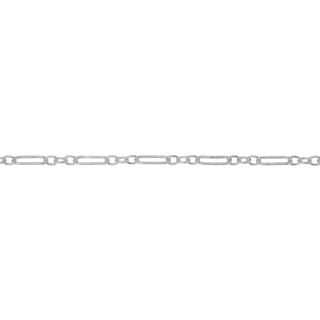 Chain by Foot. Sterling Silver 2.0mm Width by 5.6mm Length Larger Smooth Oval Link Followed by Three of 2.0mm Width by 2.2mm Length Smaller Smooth Oval Links, Long and Short Chain. Price per: 1 Foot.