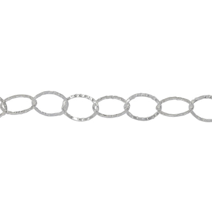 Chain by Foot. Sterling Silver 6.4mm Width by 8.8mm Length, Hammered Flat Oval Cable Chain. Price per: 1 Foot.