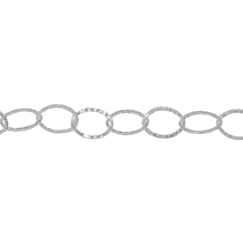 Chain by Foot. Sterling Silver 6.4mm Width by 8.8mm Length, Hammered Flat Oval Cable Chain. Price per: 1 Foot.