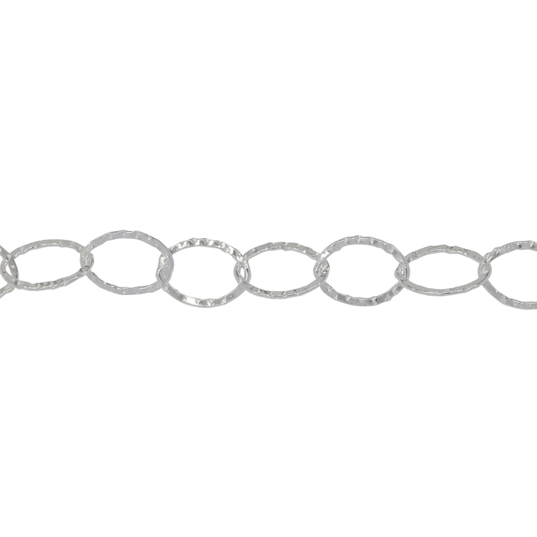 Chain by Foot. Sterling Silver 6.4mm Width by 8.8mm Length, Hammered Flat Oval Cable Chain. Price per: 1 Foot.