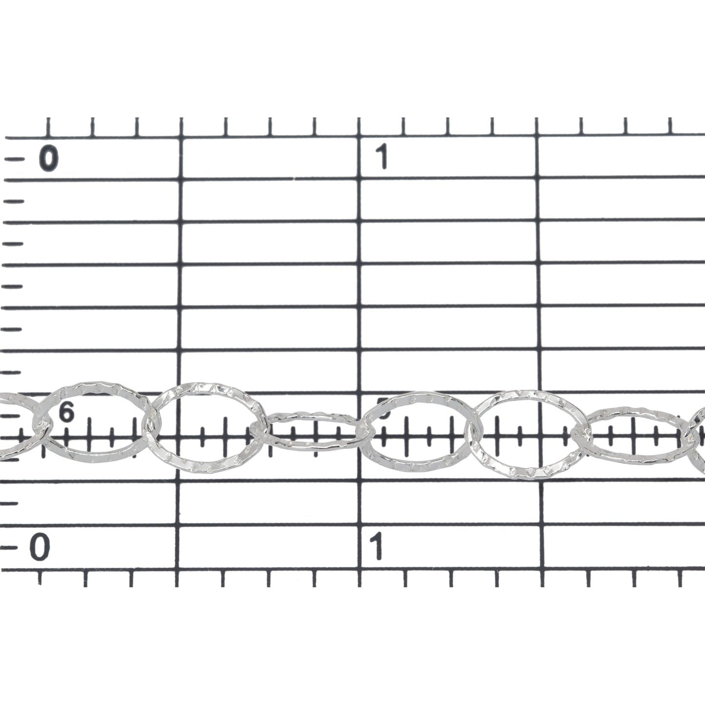 Sterling Silver 6.4mm Width by 8.8mm Length, Hammered Flat Oval Cable Chain. Price per: 1 Foot.