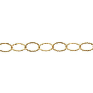 14kt Gold Filled 6.4mm Width by 8.8mm Length, Hammered Flat Oval Cable Chain. Price per: 1 Foot.