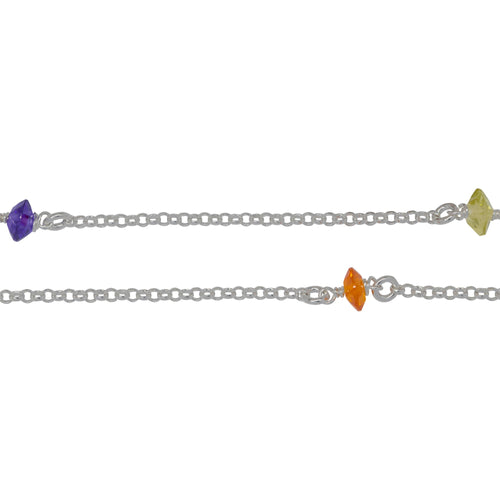 Chain by Foot. Sterling Silver 1.7mm Width / Length Rolo Chain With 2.9mm Width by 5.0mm Length Orange, Purple, Lime Green CZ Beads Wire Wapped Every 1.75 Inch, Connected by 3.3mm Width / Length Smooth Open Ring, Gem Stone Chain. Price per: 1 Inch.