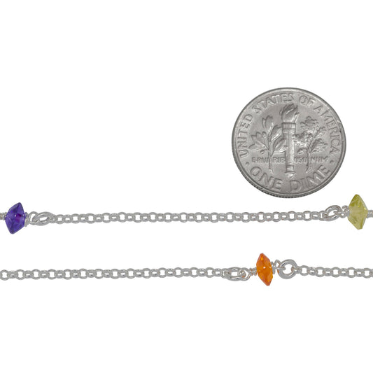 Sterling Silver 1.7mm Width / Length Rolo Chain With 2.9mm Width by 5.0mm Length Orange, Purple, Lime Green CZ Beads Wire Wapped Every 1.75 Inch, Connected by 3.3mm Width / Length Smooth Open Ring, Gem Stone Chain. Price per: 1 Inch.