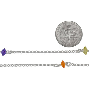 Sterling Silver 1.7mm Width / Length Rolo Chain With 2.9mm Width by 5.0mm Length Orange, Purple, Lime Green CZ Beads Wire Wapped Every 1.75 Inch, Connected by 3.3mm Width / Length Smooth Open Ring, Gem Stone Chain. Price per: 1 Inch.