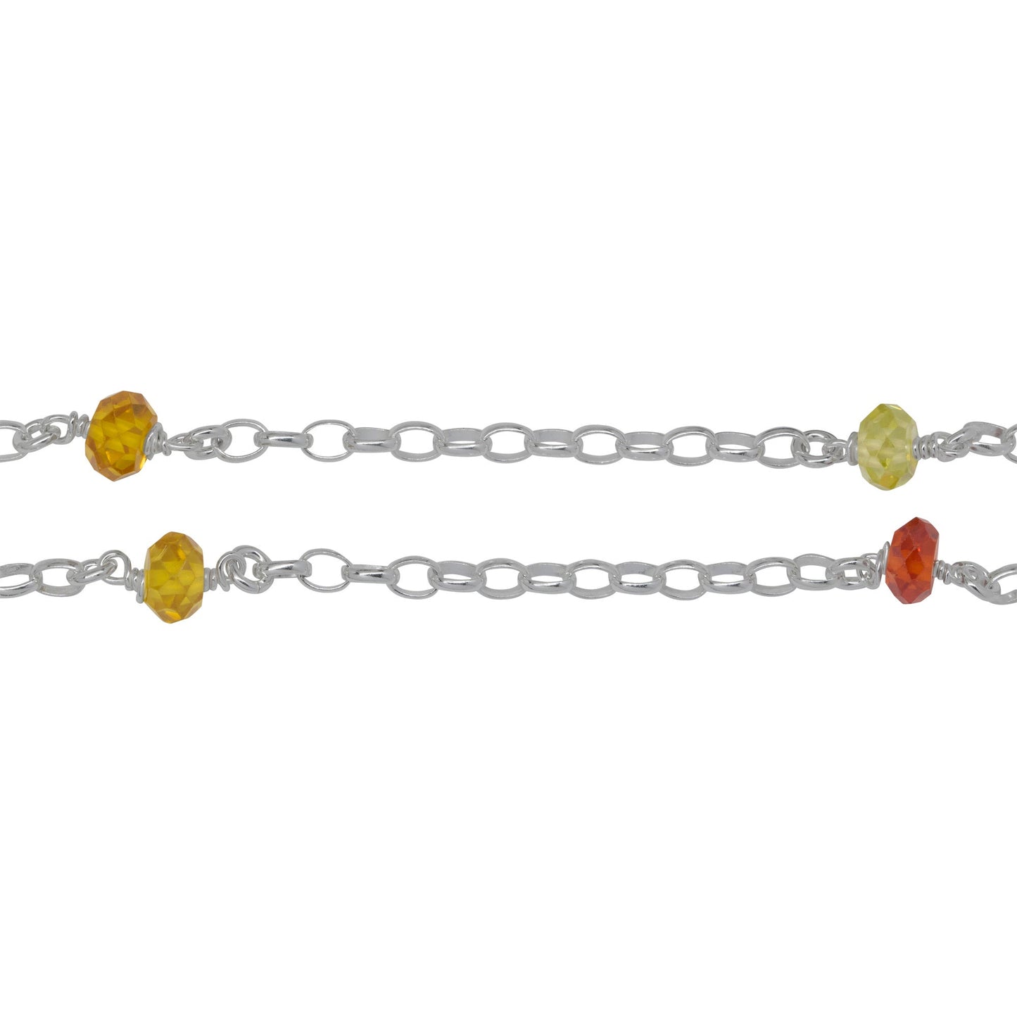 Chain by Foot. Sterling Silver Thirteen of 2.8mm Width by 3.8mm Length Oval Rolo Links With 4.0mm Width by 6.0mm Length Orange, Yellow, Lime Green CZ Connected to 3.3mm Width / Length Smooth Open Ring, Gem Stone Chain. Price per: 1 Inch.