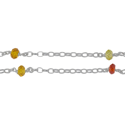 Chain by Foot. Sterling Silver Thirteen of 2.8mm Width by 3.8mm Length Oval Rolo Links With 4.0mm Width by 6.0mm Length Orange, Yellow, Lime Green CZ Connected to 3.3mm Width / Length Smooth Open Ring, Gem Stone Chain. Price per: 1 Inch.