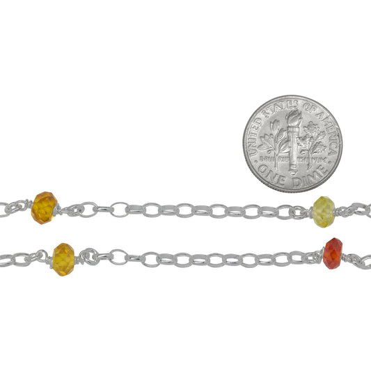 Sterling Silver Thirteen of 2.8mm Width by 3.8mm Length Oval Rolo Links With 4.0mm Width by 6.0mm Length Orange, Yellow, Lime Green CZ Connected to 3.3mm Width / Length Smooth Open Ring, Gem Stone Chain. Price per: 1 Inch.
