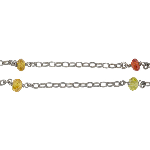 Chain by Foot. Sterling Silver Oxidized Thirteen of 2.8mm Width by 3.8mm Length Oval Rolo Links With 4.0mm Width by 6.0mm Length Orange, Yellow, Lime Green CZ Connected to 3.3mm Width / Length Smooth Open Ring, Gem Stone Chain. Price per: 1 Inch.