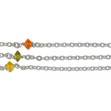 Load image into Gallery viewer, Chain by Foot. Sterling Silver 2.3mm Width by 3.0mm Length Flat Cable Chain With 3.2mm Width by 4.8mm Length Orange, Lemon Yellow, Lime Green CZ Beads Wire Wapped Every 2 Inches, Connected by 3.3mm Width/Length Smooth Open Ring, Gem Stone Chain. Price per: 1 Inch.
