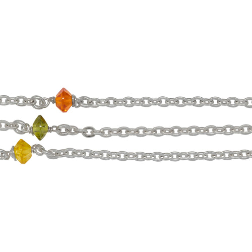 Chain by Foot. Sterling Silver 2.3mm Width by 3.0mm Length Flat Cable Chain With 3.2mm Width by 4.8mm Length Orange, Lemon Yellow, Lime Green CZ Beads Wire Wapped Every 2 Inches, Connected by 3.3mm Width/Length Smooth Open Ring, Gem Stone Chain. Price per: 1 Inch.