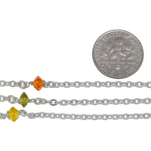 Load image into Gallery viewer, Sterling Silver 2.3mm Width by 3.0mm Length Flat Cable Chain With 3.2mm Width by 4.8mm Length Orange, Lemon Yellow, Lime Green CZ Beads Wire Wapped Every 2 Inches, Connected by 3.3mm Width/Length Smooth Open Ring, Gem Stone Chain. Price per: 1 Inch.
