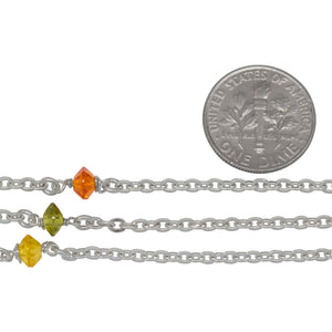 Sterling Silver 2.3mm Width by 3.0mm Length Flat Cable Chain With 3.2mm Width by 4.8mm Length Orange, Lemon Yellow, Lime Green CZ Beads Wire Wapped Every 2 Inches, Connected by 3.3mm Width/Length Smooth Open Ring, Gem Stone Chain. Price per: 1 Inch.