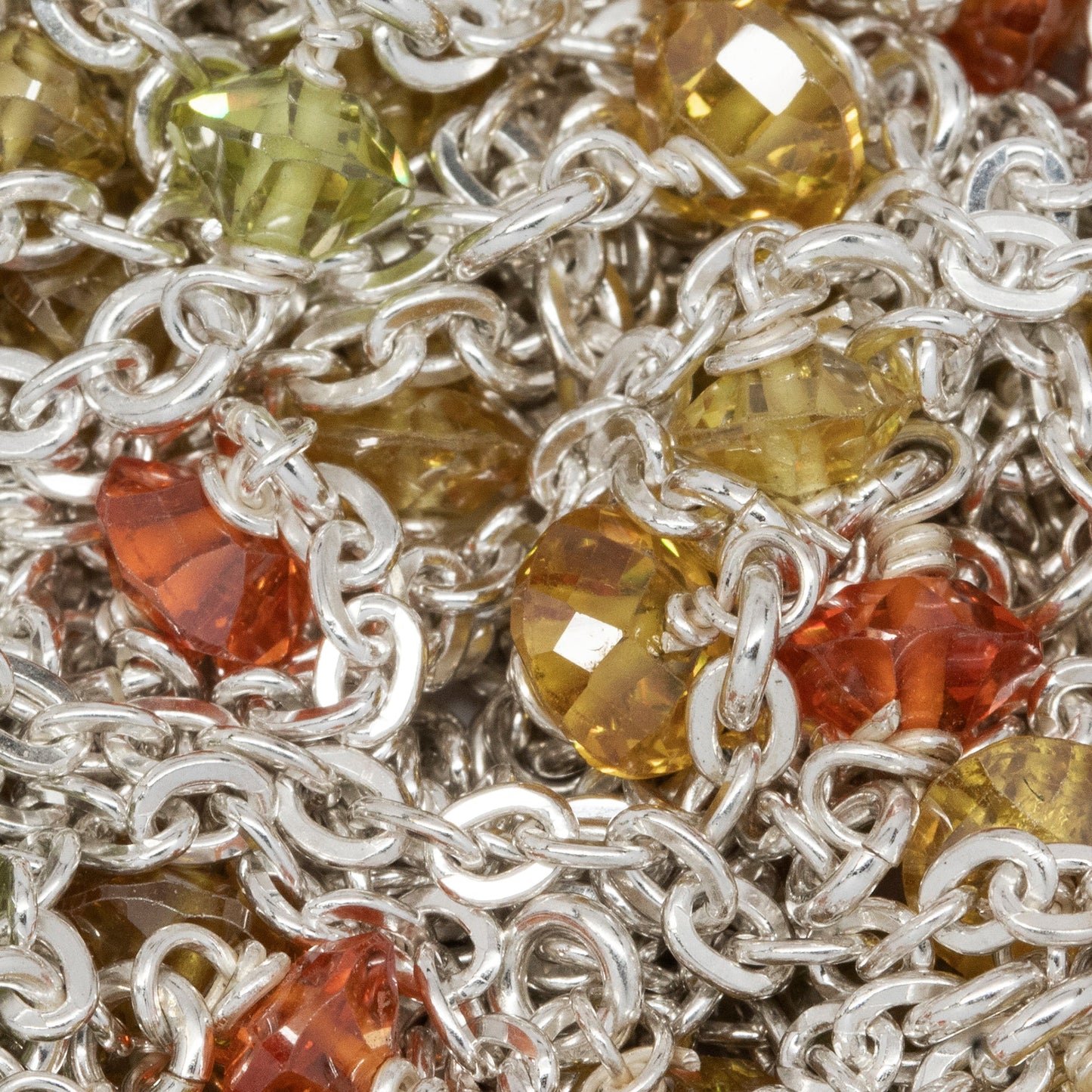 Sterling Silver 2.3mm Width by 3.0mm Length Flat Cable Chain With 3.2mm Width by 4.8mm Length Orange, Lemon Yellow, Lime Green CZ Beads Wire Wapped Every 2 Inches, Connected by 3.3mm Width/Length Smooth Open Ring, Gem Stone Chain. Price per: 1 Inch.