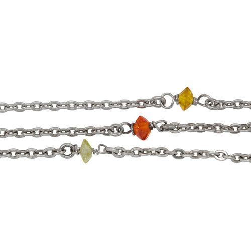 Chain by Foot. Sterling Silver Rhodium Plated 2.3mm Width by 3.0mm Length Flat Cable Chain With 3.2mm Width by 4.8mm Length Orange, Lemon Yellow, Lime Green CZ Beads Wire Wapped Every 2 Inches, Connected by Smooth Open Ring, Gem Stone Chain. Price per: 1 Inch.