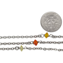 Load image into Gallery viewer, Sterling Silver Rhodium Plated 2.3mm Width by 3.0mm Length Flat Cable Chain With 3.2mm Width by 4.8mm Length Orange, Lemon Yellow, Lime Green CZ Beads Wire Wapped Every 2 Inches, Connected by Smooth Open Ring, Gem Stone Chain. Price per: 1 Inch.
