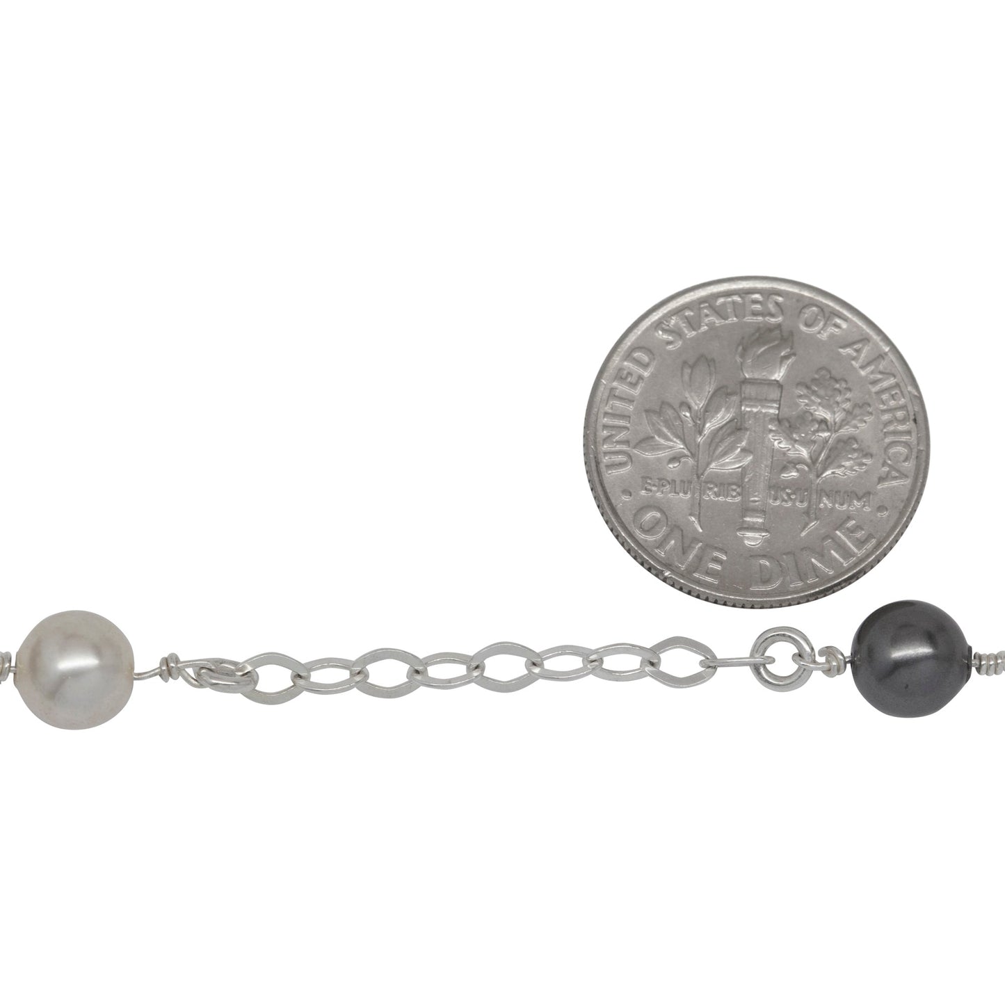 Sterling Silver Nine of 2.8mm Width by 4.0mm Length Flat Diamond Shaped Links With 6.0mm Width / Length White and Gray Swarovski Pearls Wire Wrapped, Connected to 3.3mm Width / Length Smooth Open Ring, Gem Stone Chain. Price per: 1 Inch.
