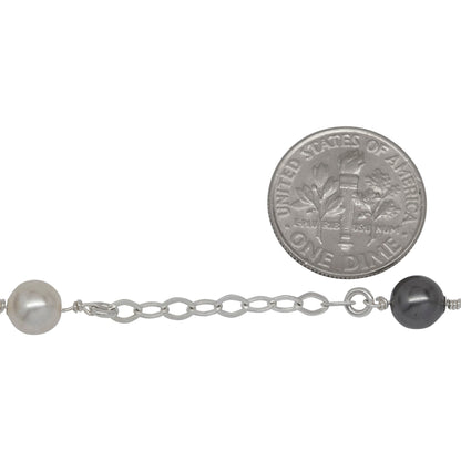 Sterling Silver Nine of 2.8mm Width by 4.0mm Length Flat Diamond Shaped Links With 6.0mm Width / Length White and Gray Swarovski Pearls Wire Wrapped, Connected to 3.3mm Width / Length Smooth Open Ring, Gem Stone Chain. Price per: 1 Inch.