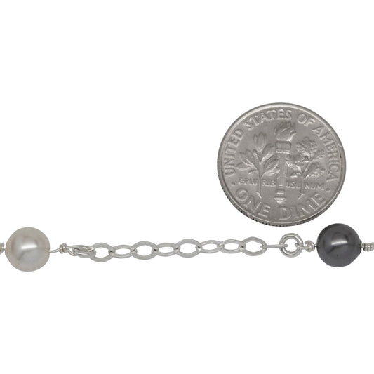 Sterling Silver Nine of 2.8mm Width by 4.0mm Length Flat Diamond Shaped Links With 6.0mm Width / Length White and Gray Swarovski Pearls Wire Wrapped, Connected to 3.3mm Width / Length Smooth Open Ring, Gem Stone Chain. Price per: 1 Inch.