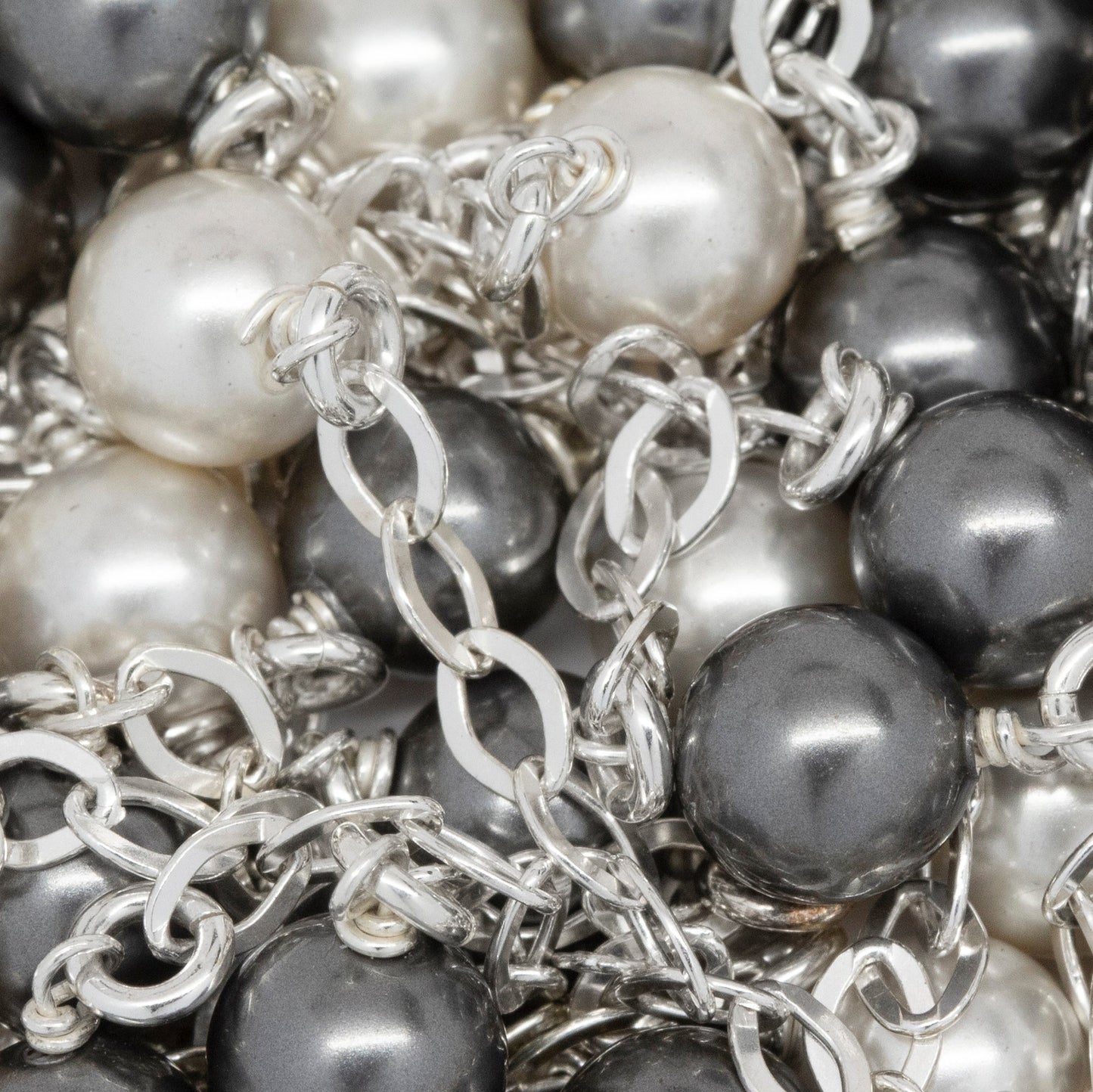 Sterling Silver Nine of 2.8mm Width by 4.0mm Length Flat Diamond Shaped Links With 6.0mm Width / Length White and Gray Swarovski Pearls Wire Wrapped, Connected to 3.3mm Width / Length Smooth Open Ring, Gem Stone Chain. Price per: 1 Inch.