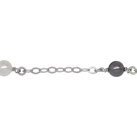 Sterling Silver Oxidized Nine of 2.8mm Width by 4.0mm Length Flat Diamond Shaped Links With 6.0mm Width / Length White and Gray Swarovski Pearls Wire Wrapped, Connected to 3.3mm Width / Length Smooth Open Ring, Gem Stone Chain. Price per: 1 Inch.