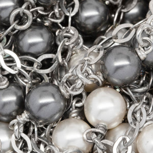 Sterling Silver Oxidized Nine of 2.8mm Width by 4.0mm Length Flat Diamond Shaped Links With 6.0mm Width / Length White and Gray Swarovski Pearls Wire Wrapped, Connected to 3.3mm Width / Length Smooth Open Ring, Gem Stone Chain. Price per: 1 Inch.