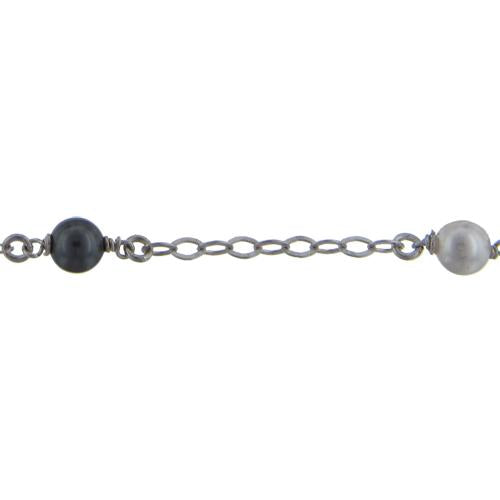 Sterling Silver Oxidized Nine of 2.8mm Width by 4.0mm Length Flat Diamond Shaped Links With 6.0mm Width / Length White and Gray Swarovski Pearls Wire Wrapped, Connected to 3.3mm Width / Length Smooth Open Ring, Gem Stone Chain. Price per: 1 Inch.