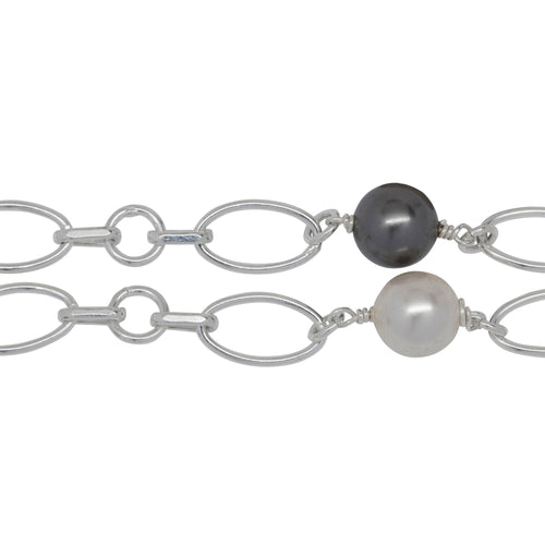 Chain by Foot. Sterling Silver 7.2mm Width by 12.2mm Length Oval Link Followed by Two of 3.0mm Width by 6.0mm Length Rolo Links With 6.0mm Circle Link In The Middle, Connected by 8.0mm White and Gray Swarovski Pearls, Gem Stone Chain. Price per: 1 Inch.