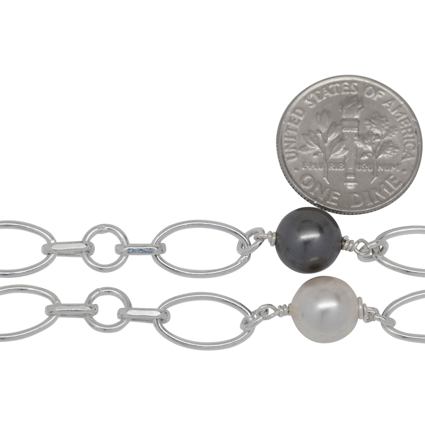 Sterling Silver 7.2mm Width by 12.2mm Length Oval Link Followed by Two of 3.0mm Width by 6.0mm Length Rolo Links With 6.0mm Circle Link In The Middle, Connected by 8.0mm White and Gray Swarovski Pearls, Gem Stone Chain. Price per: 1 Inch.