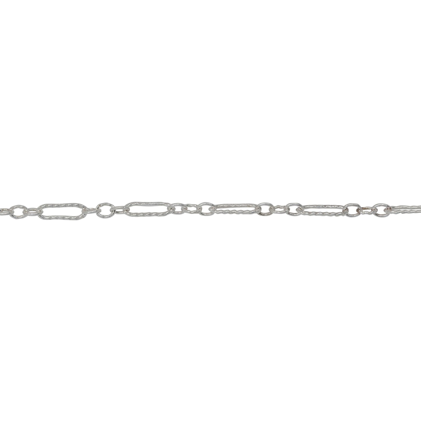 Chain by Foot. Sterling Silver Three of 1.7mm Width by 2.3mm Length Smaller Oval Links With Middle Link Being Corrugated Oval Link, Followed by 1.8mm Width by 5.8mm Length Larger Corrugated Elongated Oval Link, Long and Short Chain. Price per: 1 Foot.