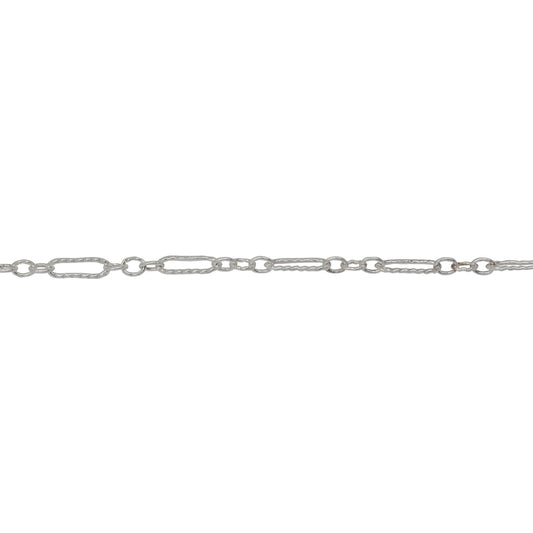 Chain by Foot. Sterling Silver Three of 1.7mm Width by 2.3mm Length Smaller Oval Links With Middle Link Being Corrugated Oval Link, Followed by 1.8mm Width by 5.8mm Length Larger Corrugated Elongated Oval Link, Long and Short Chain. Price per: 1 Foot.