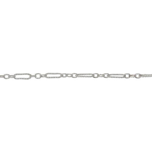 Chain by Foot. Sterling Silver Three of 1.7mm Width by 2.3mm Length Smaller Oval Links With Middle Link Being Corrugated Oval Link, Followed by 1.8mm Width by 5.8mm Length Larger Corrugated Elongated Oval Link, Long and Short Chain. Price per: 1 Foot.