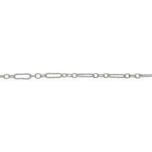 Chain by Foot. Sterling Silver Three of 1.7mm Width by 2.3mm Length Smaller Oval Links With Middle Link Being Corrugated Oval Link, Followed by 1.8mm Width by 5.8mm Length Larger Corrugated Elongated Oval Link, Long and Short Chain. Price per: 1 Foot.