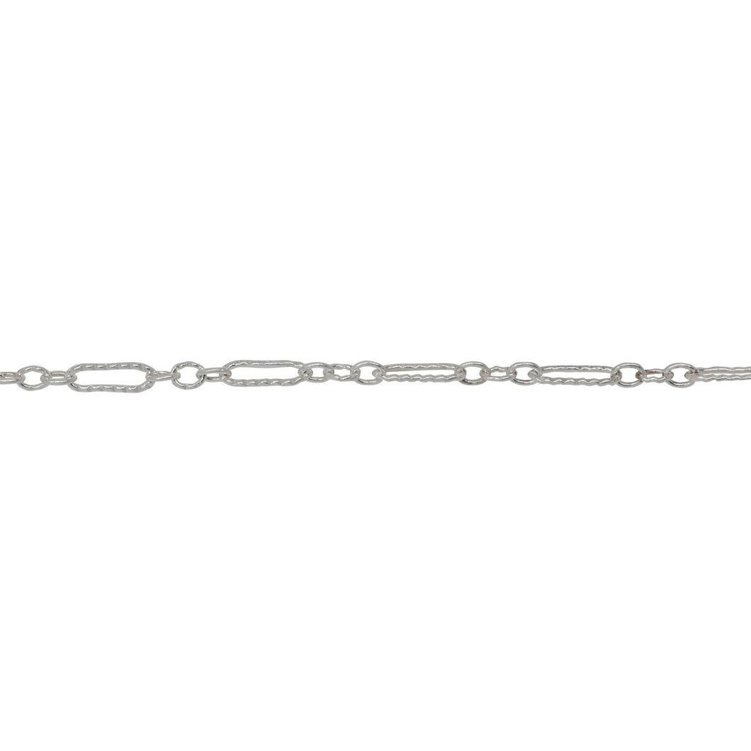 Chain by Foot. Sterling Silver Three of 1.7mm Width by 2.3mm Length Smaller Oval Links With Middle Link Being Corrugated Oval Link, Followed by 1.8mm Width by 5.8mm Length Larger Corrugated Elongated Oval Link, Long and Short Chain. Price per: 1 Foot.