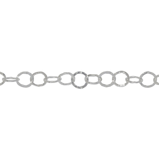 Sterling Silver 5.0mm Width / Length, Flat Hammered Circle Chain. Price per: 1 Foot.