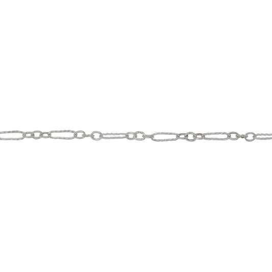 Sterling Silver Three of 1.7mm Width by 2.0mm Length Small Smooth Oval Links With Middle Link Being Corrugated Oval Link, Followed by 1.7mm Width by 5.0mm Length Large Corrugated Oval Link, Long and Short Chain. Price per: 1 Foot.