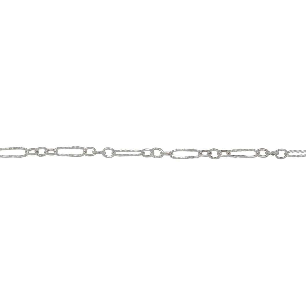 Sterling Silver Three of 1.7mm Width by 2.0mm Length Small Smooth Oval Links With Middle Link Being Corrugated Oval Link, Followed by 1.7mm Width by 5.0mm Length Large Corrugated Oval Link, Long and Short Chain. Price per: 1 Foot.