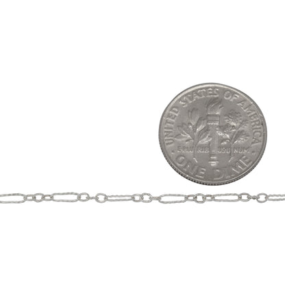 Sterling Silver Three of 1.7mm Width by 2.0mm Length Small Smooth Oval Links With Middle Link Being Corrugated Oval Link, Followed by 1.7mm Width by 5.0mm Length Large Corrugated Oval Link, Long and Short Chain. Price per: 1 Foot.