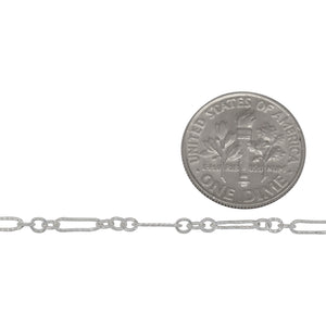 Sterling Silver Three of 2.2mm Width by 2.7mm Length Smaller Smooth Oval Links With Middle Link Being Corrugated Oval Link, Followed by 2.0mm Width by 7.2mm Length Corrugated Elongated Link, Long and Short Chain. Price per: 1 Foot.