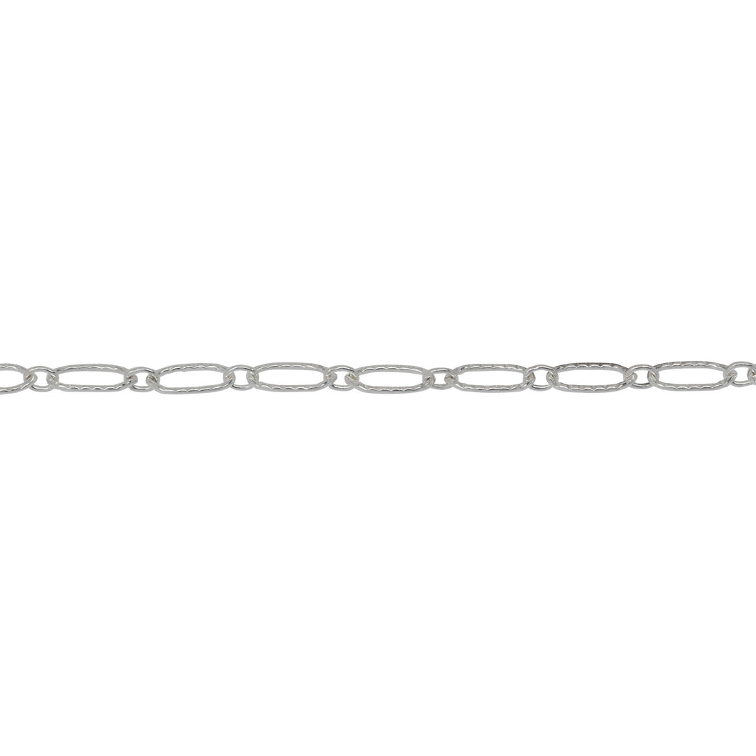 Chain by Foot. Sterling Silver 2.5mm Width by 5.2mm Length Larger Corrugated Oval Link Followed by 1.8mm Width by 2.1mm Length Smaller Smooth Oval Link, Long and Short Chain. Price per: 1 Foot.